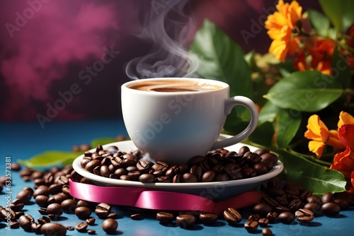 coffee time background with a steaming cup of hot coffee and roasted coffee beans around it