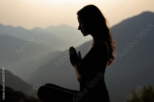 silhouette of a person meditating in the mountains