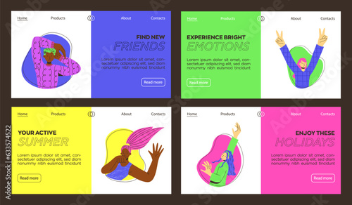 Colorful banner for website with illustration of young black-skinned woman. Web banners. Trendy vector flat style. Multiculturalism and diversity. Color block. International day of young people.