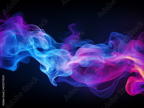 Neon blue and purple multicolored smoke puff cloud design elements on a dark background, generative ai