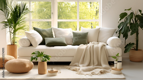 White sofa with plaid and cushions on knitted rug against of grid window between green houseplants. Scandinavian, hygge interior design of modern living room. Created with generative