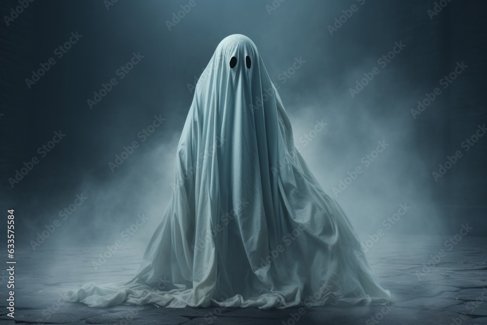 White sheet ghost costume. Ghost Challenge. Halloween concept. Background with selective focus and copy space