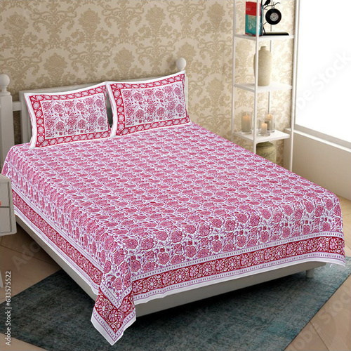 A set of bedding generally consists of at least flat or fitted bed sheet that covers the mattress; a flat top sheet; either a blanket, a quilt, or a duvet. photo