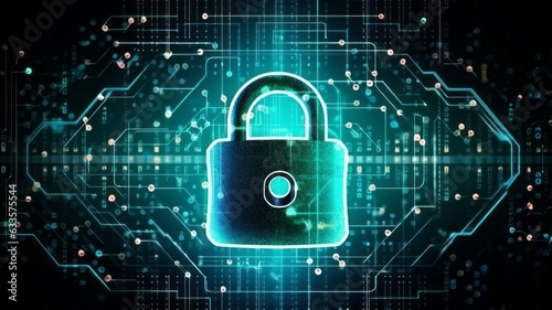 Futuristic background with a padlock as a symbol of internet security and personal data protection. AI generated