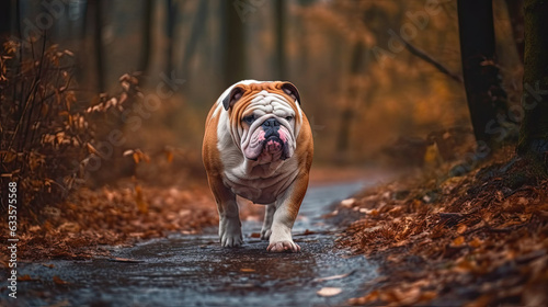 Wet Bulldog walking on the footpath in the forest
