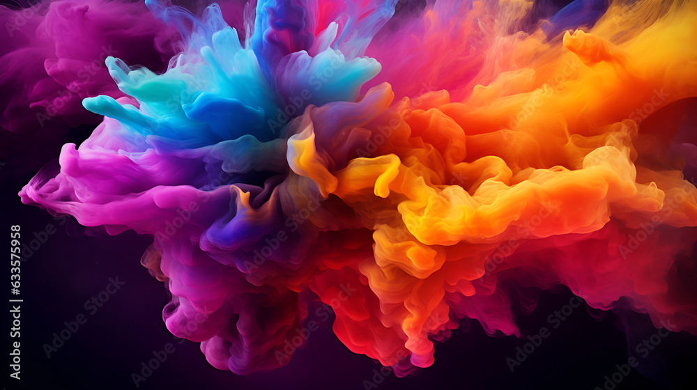 Obraz premium Splash of color paint, water or smoke on dark background, abstract pattern, generative AI.