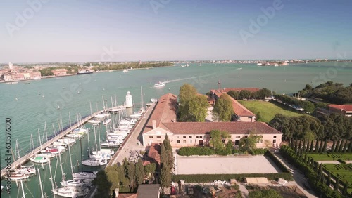 Aerial view of Venice canals islands and Lido from San Giorgio Maggiore towerbell on a sunny day photo