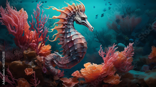 A tranquil underwater world showcasing seahorses clinging to coral branches © Asep