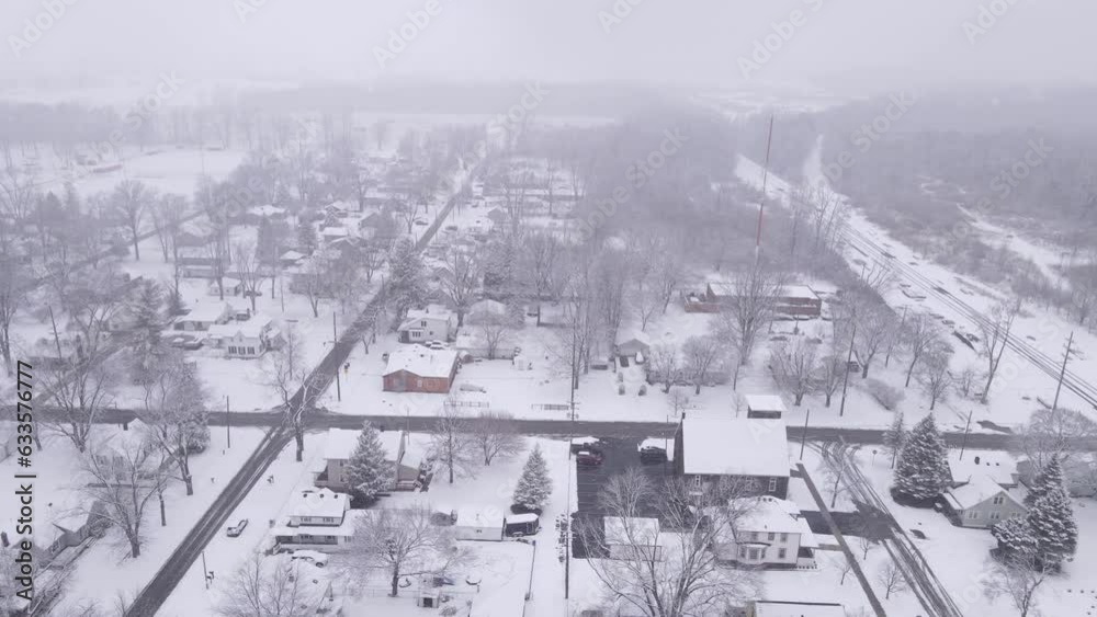 Small town Midwest town in Michigan - Carlton in winter season, aerial view Small town Midwest town in Michigan - Carlton in winter season, aerial view