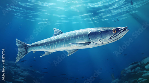 A shining and swift barracuda swimming through the water