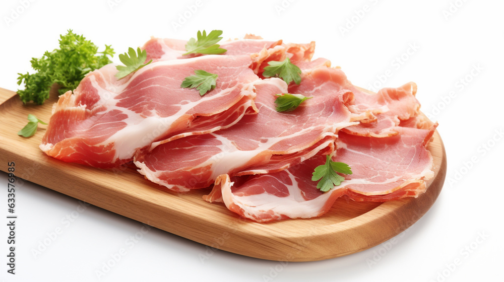 Sliced ham bacon on a plate, Italian speck isolated white background on wood plate with green herb generative AI photo Sliced ham bacon on a plate, Italian speck isolated white background on wood plate with green herb generative AI photo