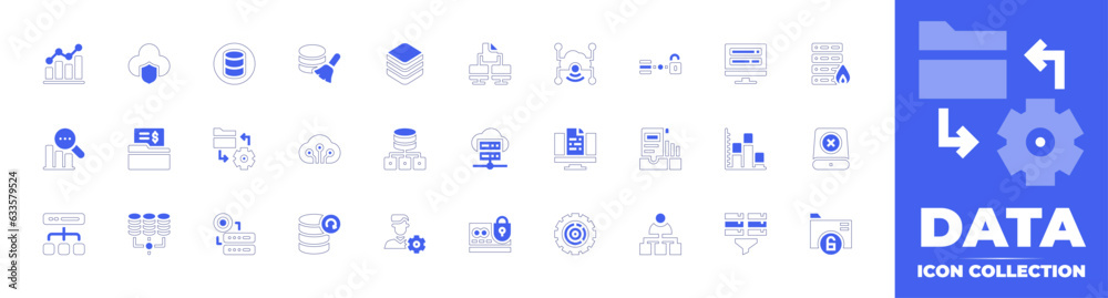 Data icon collection. Duotone style line stroke and bold. Vector illustration. Containing data, analytics, security, server, cleaning, database, table, sharing, cloud, open, storage, and more.