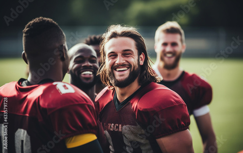 Smiling american football players standing together on a sports field outside during a team practice. Generative AI © Malchevska Studio