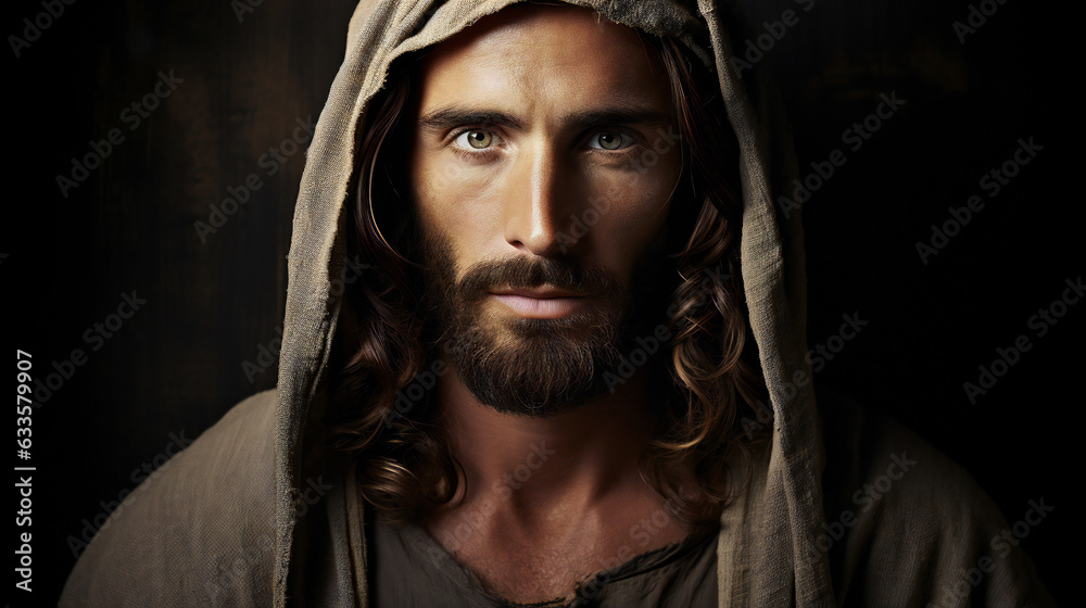  Jesus Christ portrait in old clothes looking into camera.