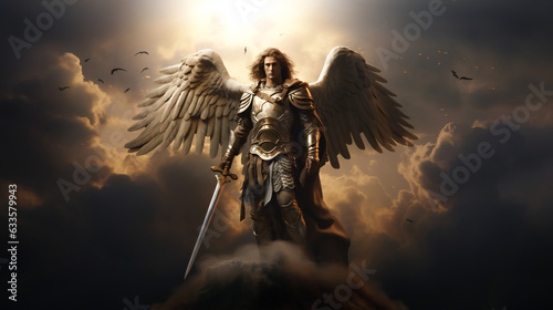 Photographie Archangel Michael in the clouds wearing armor and a sword