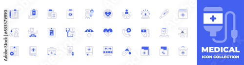 Medical icon collection. Duotone style line stroke and bold. Vector illustration. Containing medical, report, box, prescription, eye, exam, ventilator, world, care, siren, thermometer, and more. © Huticon