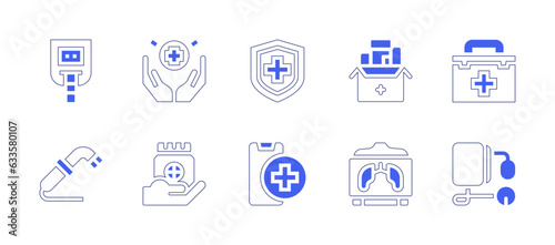 Medical icon set. Duotone style line stroke and bold. Vector illustration. Containing sugar, blood, level, health, medical, insurance, medications, first, aid, kit, suction, medicine, app, x rays.
