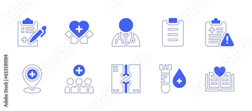 Medical icon set. Duotone style line stroke and bold. Vector illustration. Containing medical, report, daily, health, app, doctor, placeholder, team, x, ray, blood, test, book.