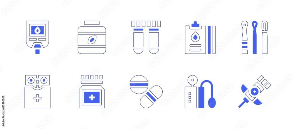 Medical icon set. Duotone style line stroke and bold. Vector illustration. Containing glucose, meter, vitamins, tubes, results, dermatology, medicine, pills, blood, cannula.
