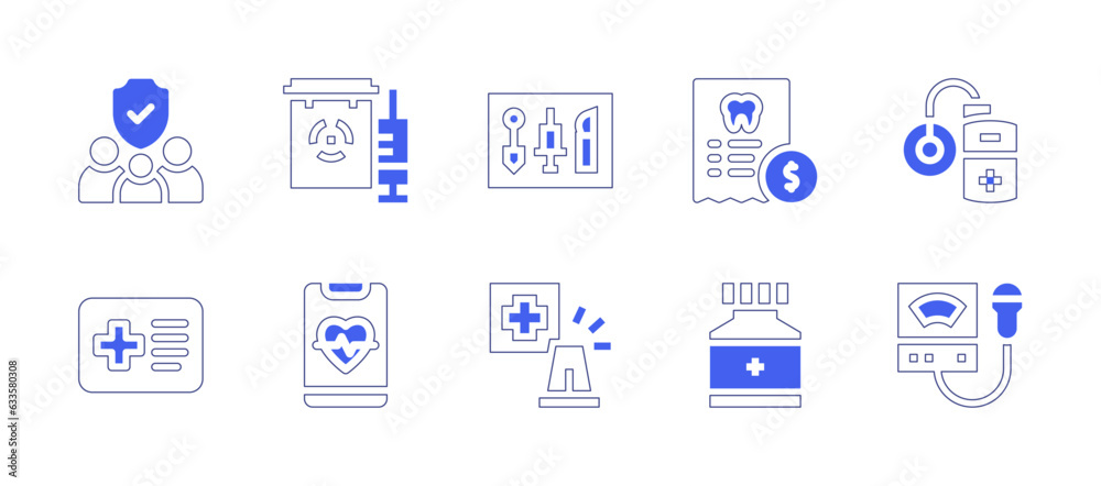 Medical icon set. Duotone style line stroke and bold. Vector illustration. Containing family, medical, instrument, invoice, insulin, patient, app, service, medicine, sonographer.