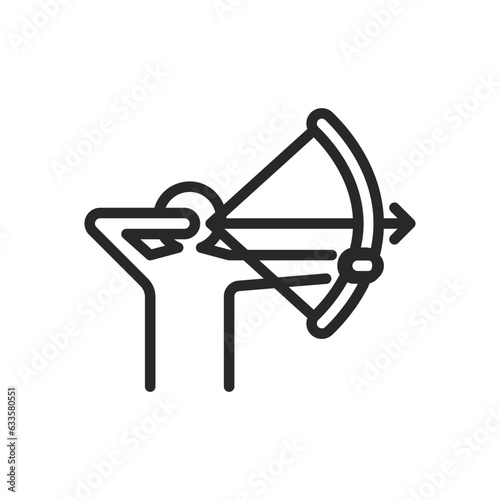 Archery Icon. Vector Outline Editable Sign Illustrating Archer Drawing Bowstring before Shooting Arrow. Linear Minimal Illustration.