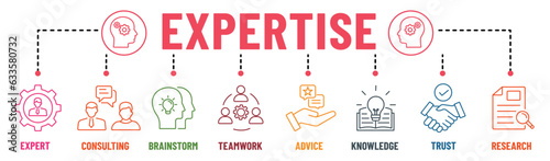 Expertise banner infographic editable stroke colours icons set. Research, trust, knowledge, advice, teamwork, brainstorm, expert, consulting. Vector illustration