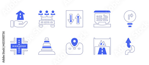 Road icon set. Duotone style line stroke and bold. Vector illustration. Containing future, car, rental, priority, ski, resort, turn, right, road, traffic, cone, sign.