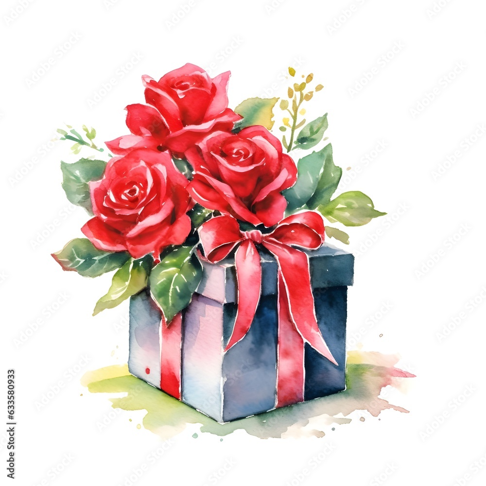 gift box with roses. perfectly for print on wedding invitation, greeting card, wall art, stickers and other. Isolated on white background. Hand paint design