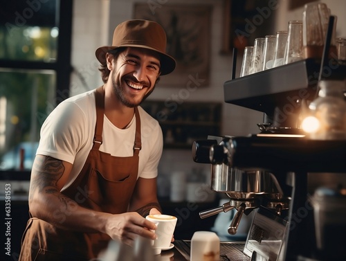 young smiling barista with hat making a cappuccino 