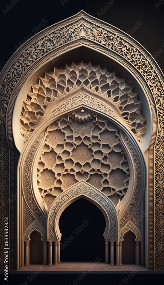 Islamic Arch mosque 3d illustration. Ai Generative