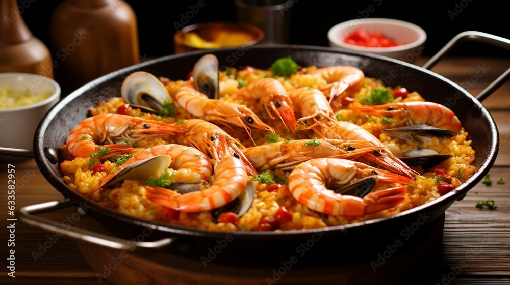 Prawn with rice - closeup of prawn with rice - traditional spanish food paella. Generative AI