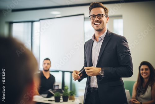 happy colleague is seen making a presentation in a boardroom. With confidence and enthusiasm, they stand at the front of the room, engaging their audience with their knowledge and expertise