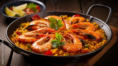 Prawn with rice - closeup of prawn with rice - traditional spanish food paella. Generative AI