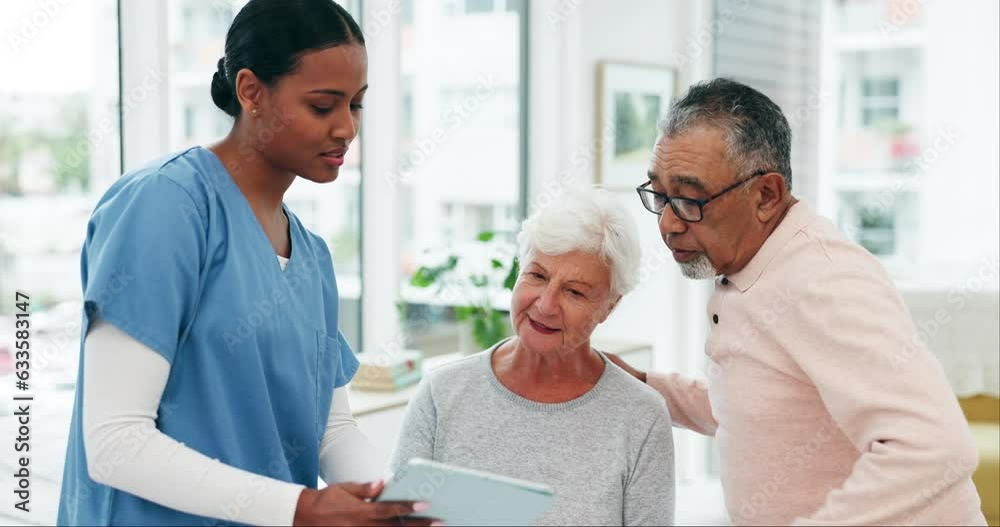 Results, talking and a couple with a doctor and a tablet for healthcare, service app or planning. Hospital, medical and a nurse or surgeon with technology and a senior man and woman for advice
