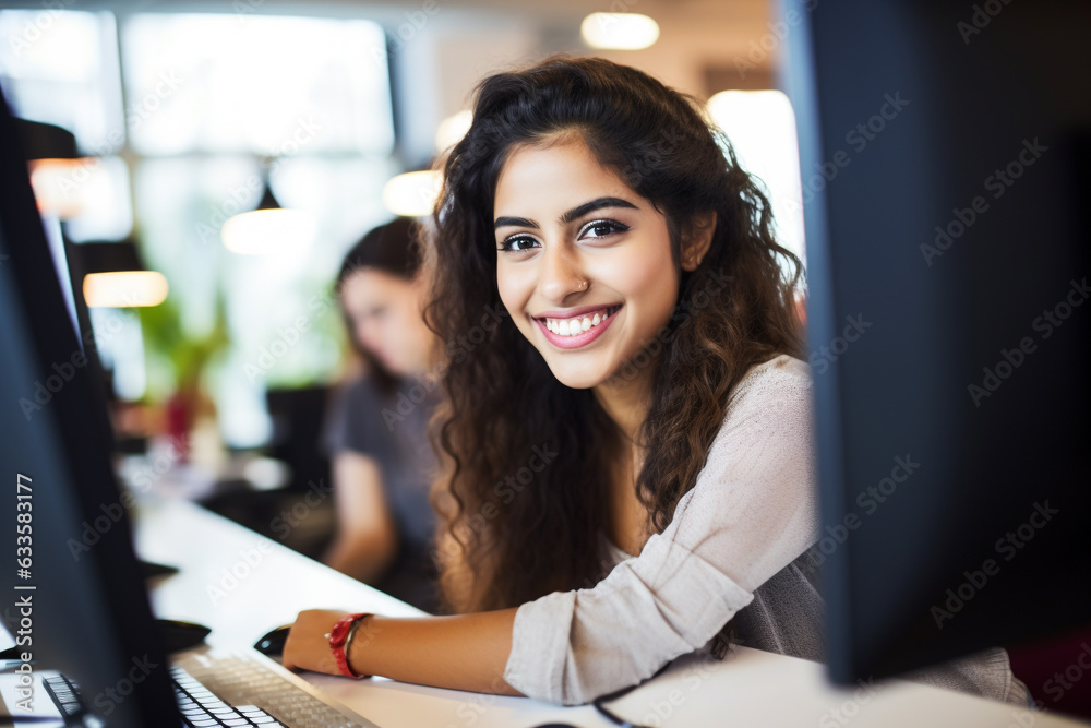 happy and enthusiastic Hispanic young woman joyfully works on her PC ...