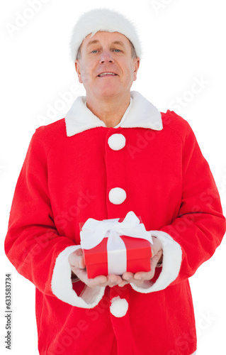 Digital png photo of happy caucasian santa claus with at christmas on transparent background