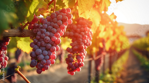 vineyard with ripe grapes in countryside at sunset