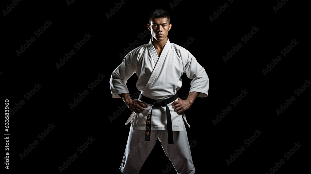 Asian karate man standing with black belt isolated on black background. Taekwondo. Generative Ai Asian karate man standing with black belt isolated on black background. Taekwondo. Generative Ai