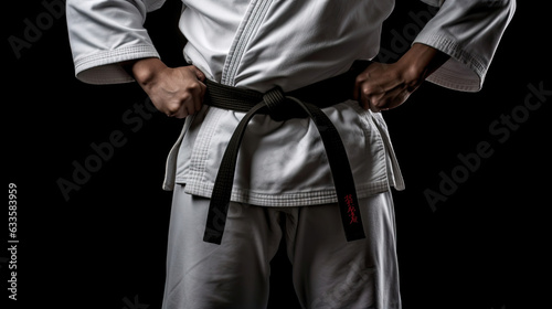 Asian karate man standing with black belt isolated on black background. Taekwondo. Generative Ai