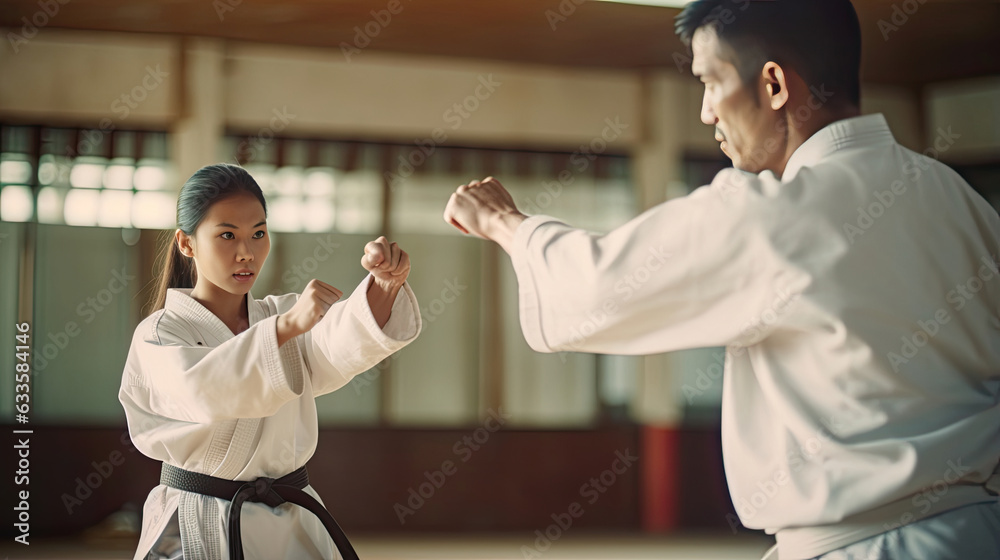 Asian young woman training martial art of taekwondo with her coach, sportsmanship concept. Taekwondo. Generative Ai Asian young woman training martial art of taekwondo with her coach, sportsmanship concept. Taekwondo. Generative Ai