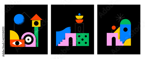 Abstract colorful geometric city landscape concept illustration. Creative modern geometry shapes with fun icon and bauhaus style decoration element. Contemporary art mosaic.