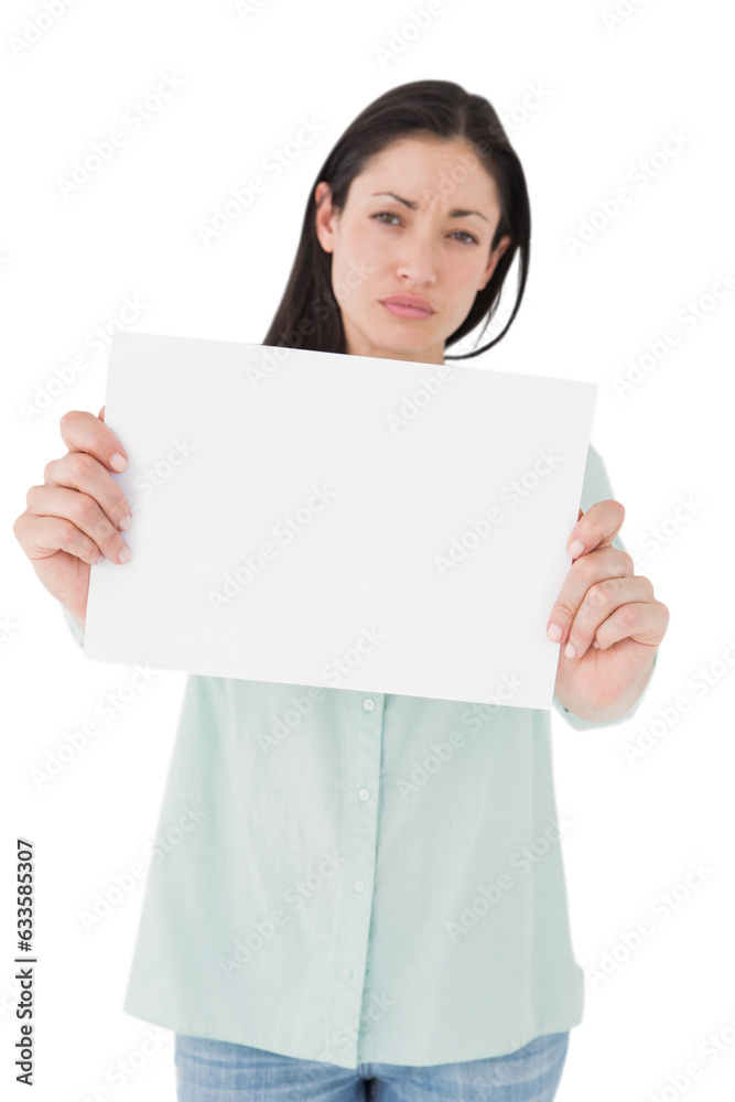 Digital png photo of caucasian woman with card with copy space on transparent background Digital png photo of caucasian woman with card with copy space on transparent background