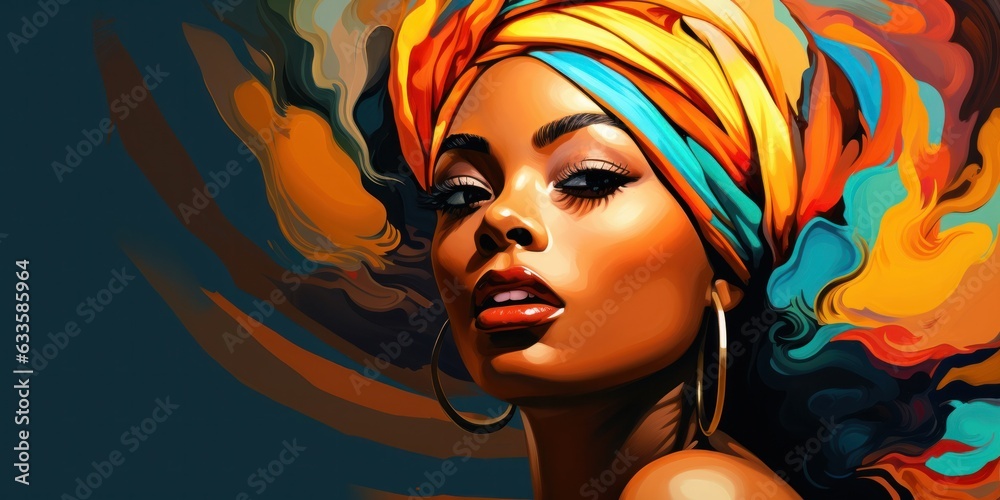 illustration of beautiful  black woman in a turban, generative AI