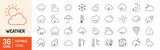 Weather editable stroke outline icons set. Clouds, wind, rain, sun, weather forecast, snow, moon, snowflakes and storm. Vector illustration