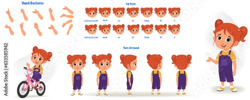 Set of cute girl character design. Character Model sheet. Front, side, back view animated character. Cute girl character creation set with various views, poses and gestures. Cartoon style, flat vector photo