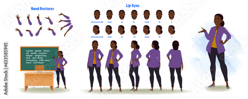 Set of african teacher character design. Character Model sheet. Front, side, back view animated character. Teacher character creation set with various views, poses and gestures. Cartoon style