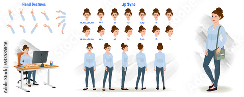 Set of Business woman character design. Character Model sheet. Front, side, back view animated character. Business girl character creation set with various views, poses and gestures. Cartoon style photo