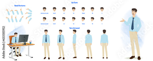 Set of Businessman character design. Character Model sheet. Front, side, back view animated character. Businessman character creation set with various views, poses and gestures. Cartoon style