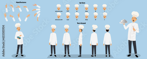 Set of chef character design. Character Model sheet. Front, side, back view animated character. Chef character creation set with various views, poses and gestures. Cartoon style, flat vector isolated