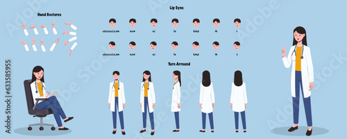 Set of female doctor character design. Character Model sheet. Front, side, back view animated character. Doctor character creation set with various views, poses and gestures. Cartoon style,flat vector